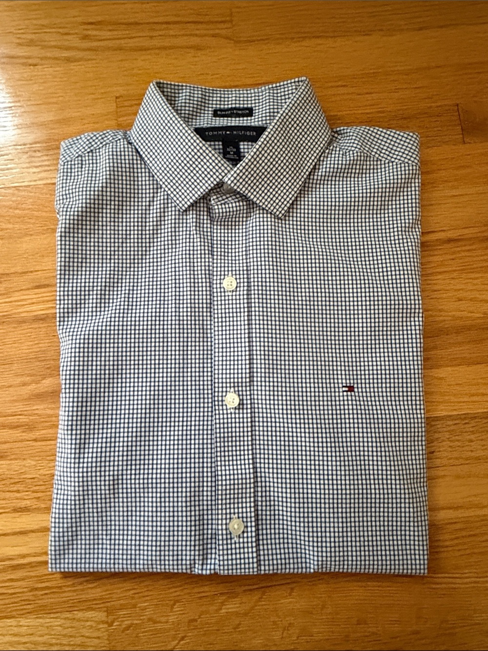 Tommy Hilfiger Men's Blue and White Mini Check Dress Shirt